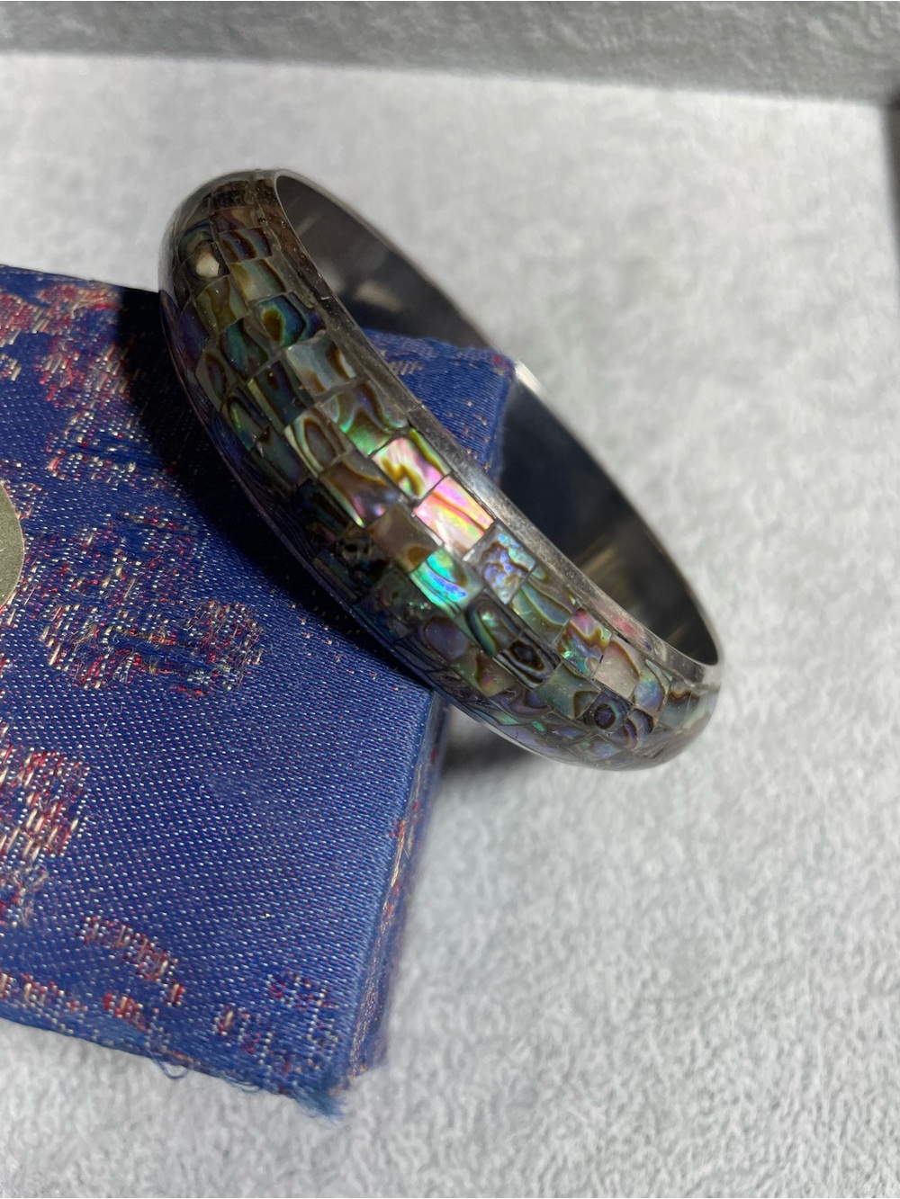 Iridescent Abalone Shell Mosaic Inlay Bangle Bracelet Sz 7.5